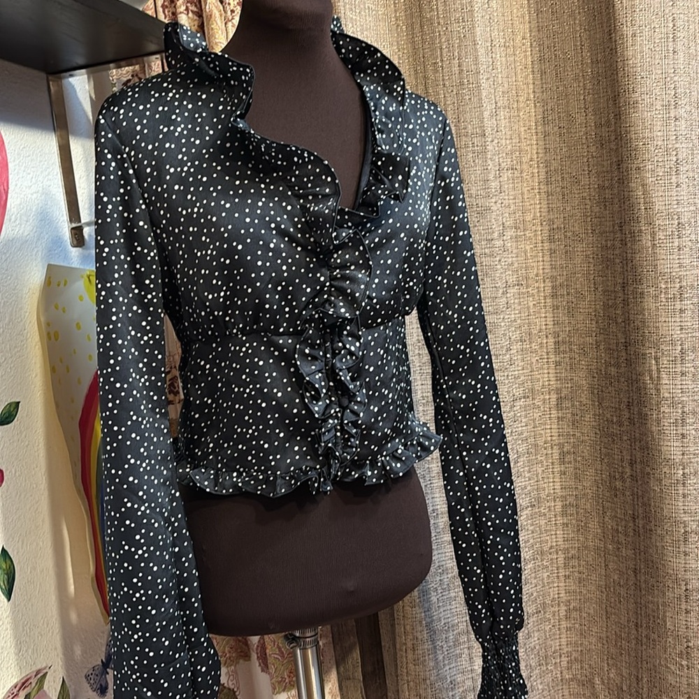 Do+Be, elegant long ruched bishop sleeve black/white polka dot blouse. Size S.